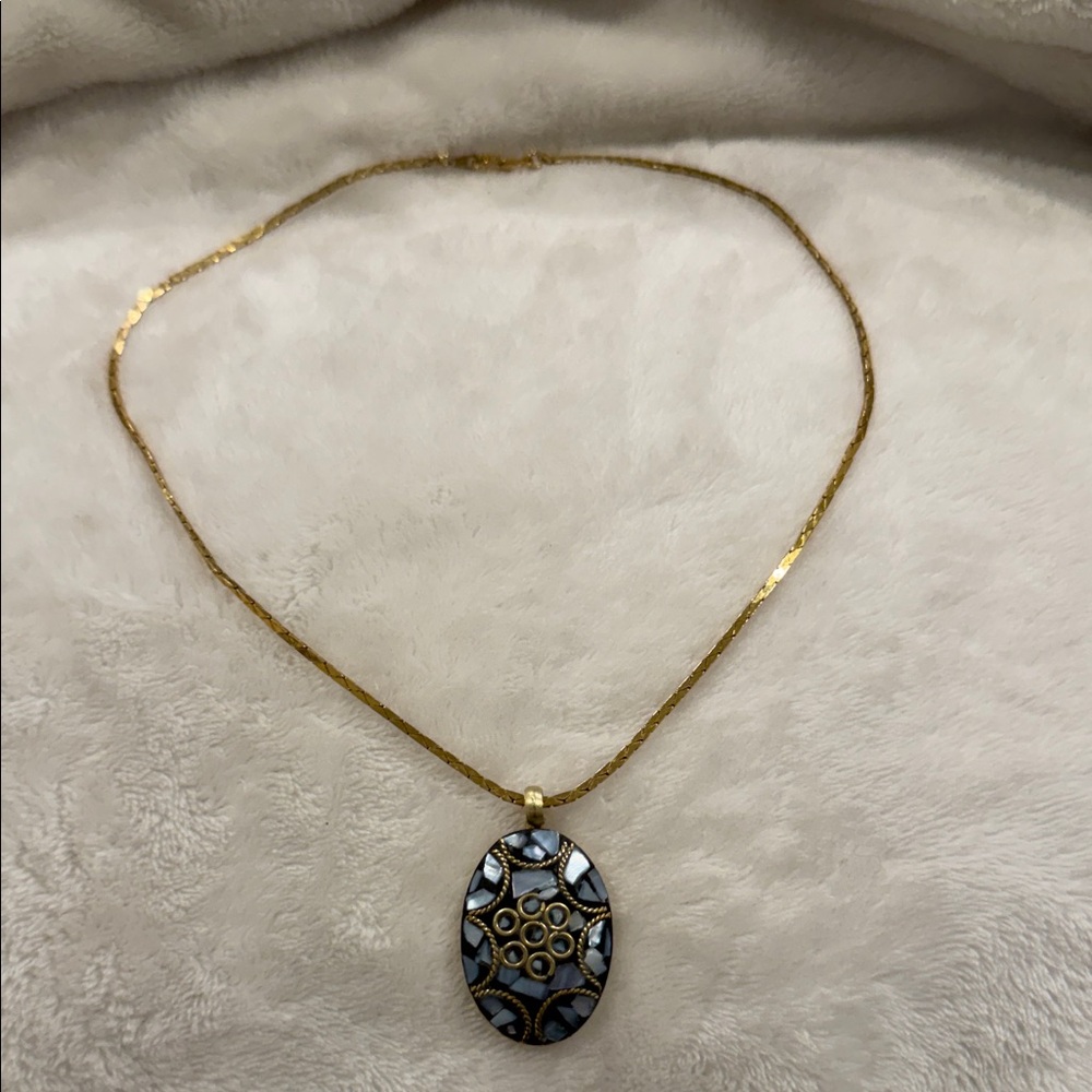 Intricate Gold Tone and Blue Mosaic Necklace - Picture 13 of 13